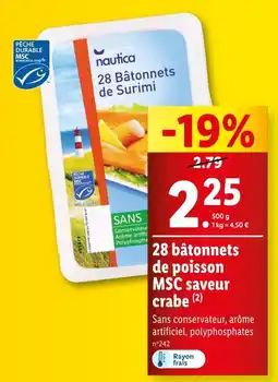 Lidl NAUTICA 28 bâtonnets de poisson MSC saveur crabe offre