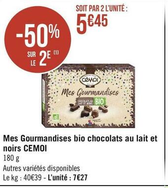 Géant Casino Cemoi mes gourmandises bio chocolats au lait et noirs offre