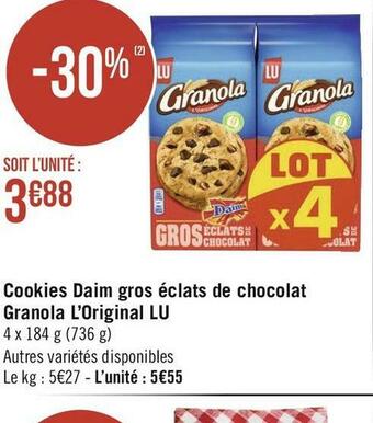 Géant Casino Lu cookies daim gros éclats de chocolat granola l’original offre
