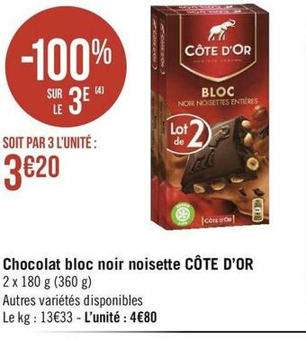 Géant Casino Côte d’or chocolat bloc noir noisette offre