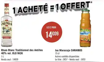 Old nick/caraibos rhum blanc traditionnel des antilles 40% vol. et jus maracuja