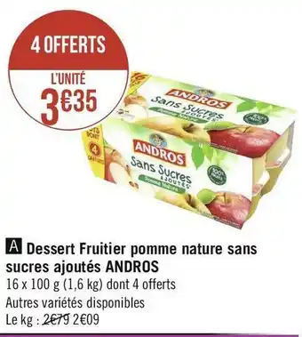 Géant Casino Andros dessert fruitier pomme nature sans sucres ajoutés offre