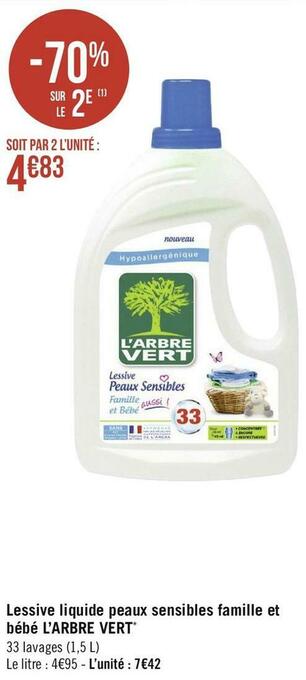 Géant Casino L’arbre vert lessive liquide peaux sensibles famille et bébé * offre