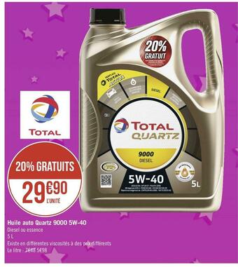 Géant Casino Total huile auto quartz 9000 5w-40 offre
