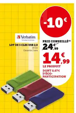 Super U Verbatim LOT DE 3 CLES USB 2.0 offre