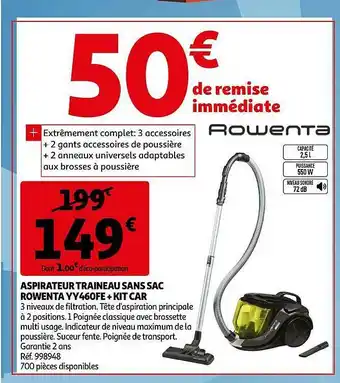 Auchan Aspirateur Traineau Sans Sac Rowenta Yy460fe + Kit Car offre