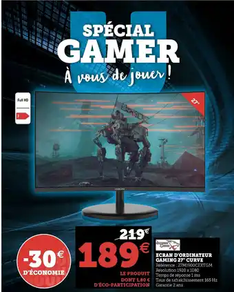Super U Ecran d'Ordinateur Gaming 27'' Curve offre