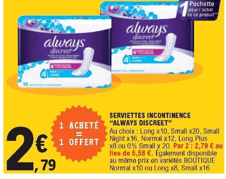 Promo Serviettes Incontinence chez E.Leclerc