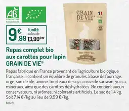Botanic GRAIN DE VIE Repas complet bio aux carottes pour lapin offre