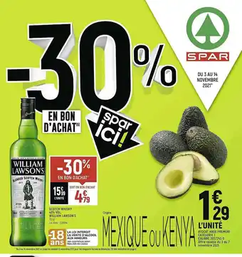 Spar Scotch Whisky 40% Vol. William Lawson's, Avocat Hass Prémuri offre