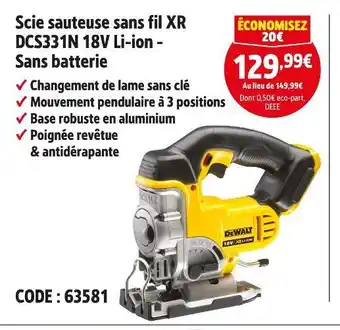 Screwfix DEWALT Scie sauteuse sans fil XR DCS331N 18V Li-ion - Sans batterie offre