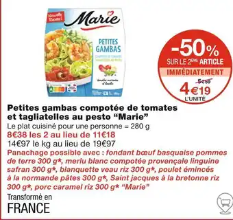 Monoprix Marie Petites gambas compotée de tomates et tagliatelles au pesto offre