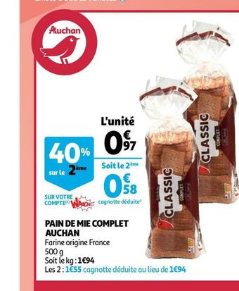 Auchan Auchan pain de mie complet offre