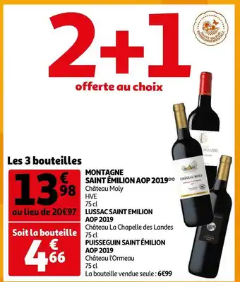 Auchan Montagne saint émilion aop 2019 ou lussac saint emilion aop 2019 ou puisseguin saint émilion aop 2019 offre