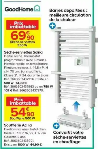 Castorama Sèche-serviettes Solna, Soufflerie Acilia GoodHome offre
