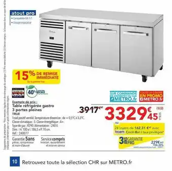 METRO Table Réfrigérée Gastro 3 Portes Pleines True offre