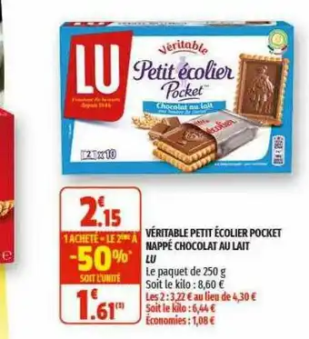 Coccinelle Supermarché Véritable Petit écolier Pocket Nappé Chocolat Au Lait Lu offre