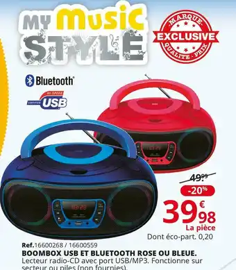 Maxi Toys Boombox usb et bluetooth rose ou bleue. offre