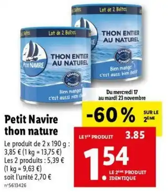 Lidl Petit Navire Thon Nature offre