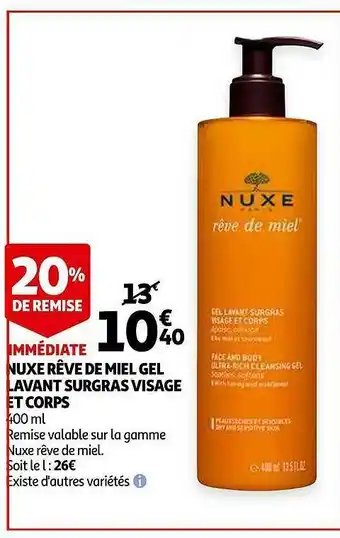 Auchan Nuxe Rêve De Miel Gel Lavant Surgras Visage Et Corps offre