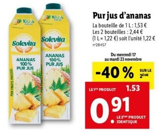 Lidl Pur jus d'ananas offre