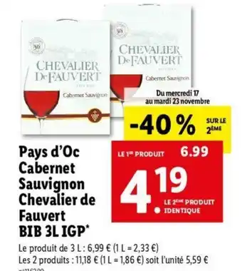 Lidl Pays d'oc cabernet sauvignon chevalier de fauvert BIB 3L IGP offre