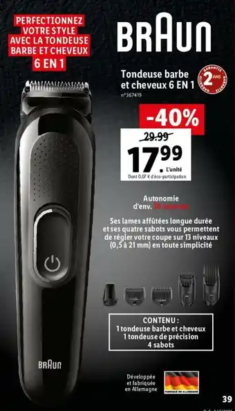 Lidl Tondeuse barbe et cheveux 6 EN 1 offre
