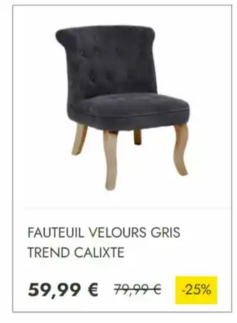Maxi Bazar Faueteuil velours gris trend calixte offre