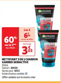 Auchan GARNIER Nettoyant 3 en 1 charbon skinactive offre
