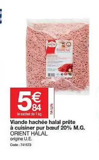 Promocash Viande Hachée Halal Prête à Cuisiner Pur Bœuf 20% M.g. Orient Halal offre