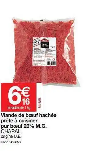 Promocash Viande De Bœuf Hachée Prête à Cuisiner Pur Bœuf 20% M.g. Charal offre