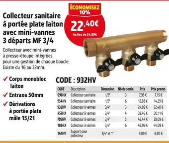Screwfix Collecteur sanitaire à portée plate laiton avec mini-vannes 3 départs MF 3/4 offre