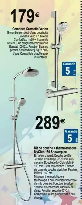 Tridôme Combiné Crometta Varion, Kit De Douche + Thermostatique MyClub 180 Showerpipe offre