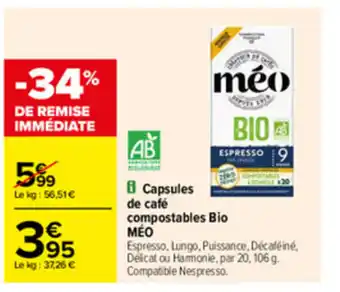 Carrefour Capsules de café compostables bio méo offre