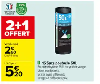 Carrefour 15 Sacs poubelle 50L offre