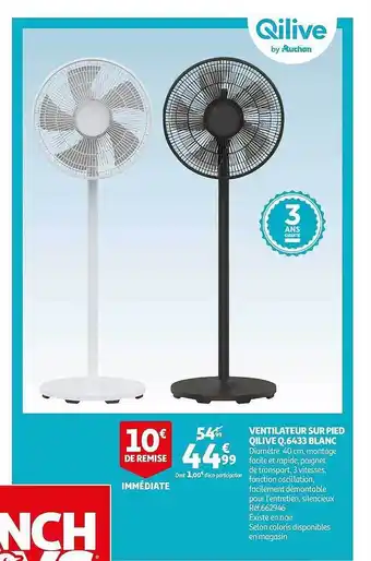 Auchan Ventilateur Sur Pied Qilive Q.6433 Blanc offre