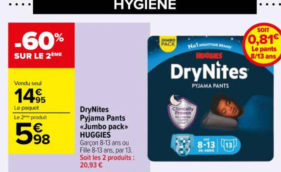 Promo HUGGIES DryNites Pyjama Pants Jumbo pack chez Carrefour Contact