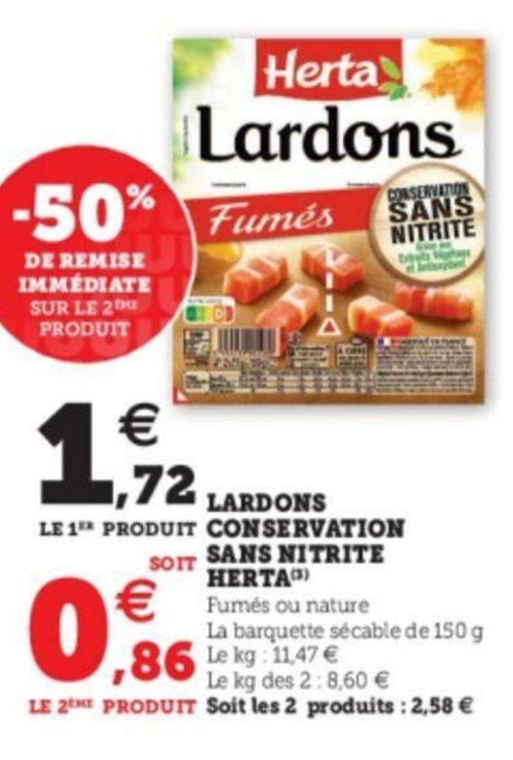 Promo Lardons Conservation Sans Nitrite Herta chez Super U