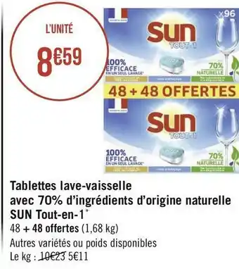 Géant Casino Sun tablettes lave-vaisselle avec 70% d’ingrédients d’origine naturelle tout-en-1* offre