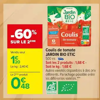 Carrefour Market Jardin bio etic coulis de tomate offre