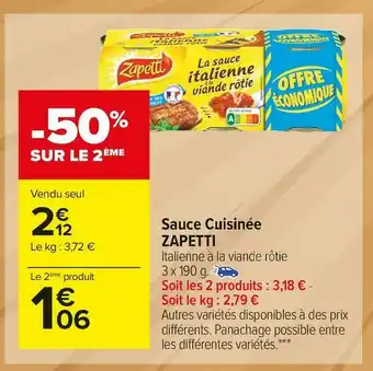 Carrefour Market Zapetti sauce cuisinée offre