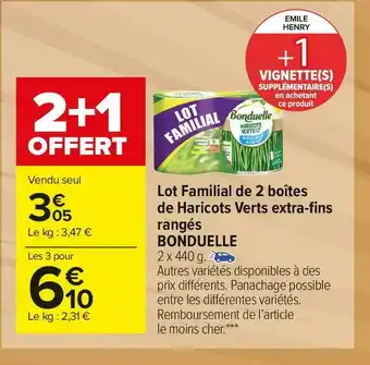 Carrefour Market Bonduelle lot familial de 2 boîtes de haricots verts extra-fins rangés offre