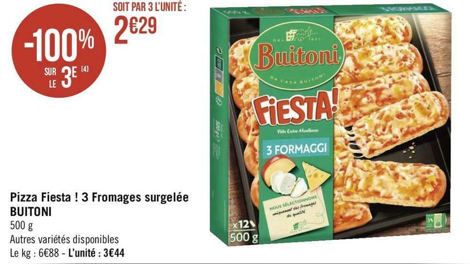 Promo Buitoni pizza fiesta ! 3 fromages surgelée chez Géant Casino