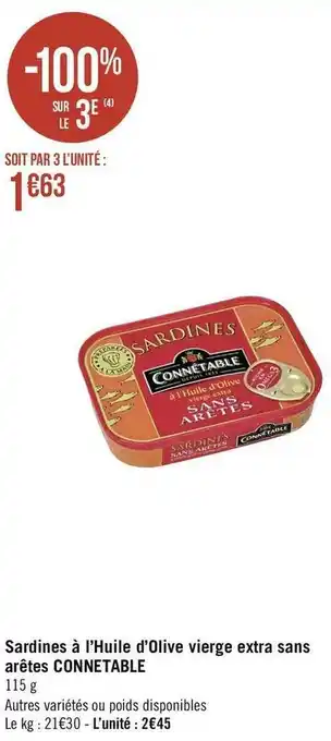 Géant Casino Connetable sardines à l’huile d’olive vierge extra sans arêtes offre