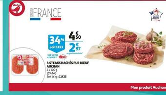 Auchan Auchan 4 steaks hachés pur bœuf offre
