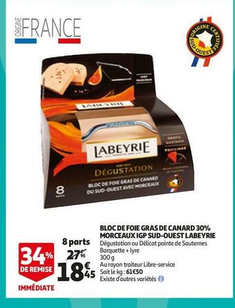 Auchan Labeyrie bloc de foie gras de canard 30% morceaux igp sud-ouest offre