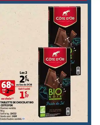 Auchan Cote d'or tablette de chocolat bio offre
