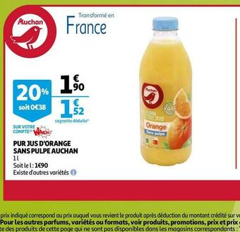 Auchan Auchan pur jus d'orange sans pulpe offre