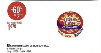 Casino Supermarchés Camembert Coeur De Lion 20% M.g. offre