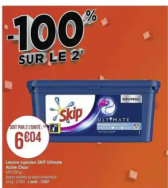 Casino Supermarchés Lessive Capsules Skip Ultmate Active Clean offre